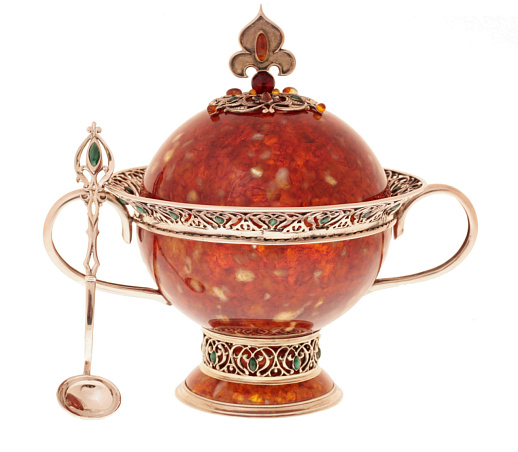 Сахарница декоративная из янтаря с ложечкой