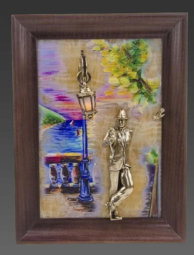 Бронзовая картина "Парень с розой. Набережная. Парусники" с подсветкой