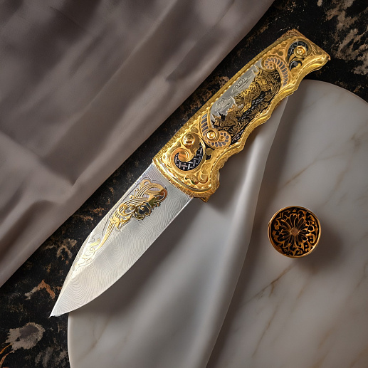 Нож складной "Охота на зайца" Дамасский