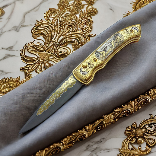 Нож складной дамасский "На уток".  Златоуст