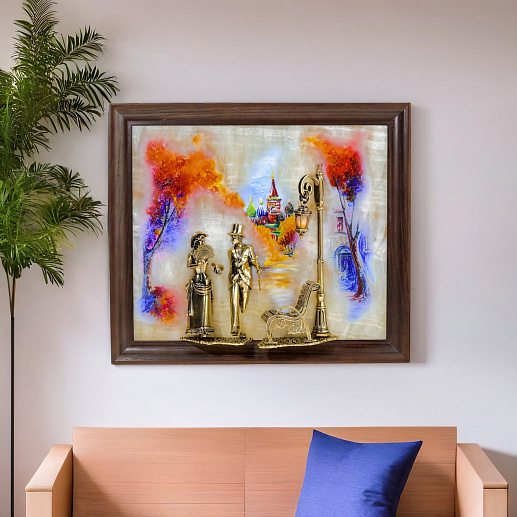 Бронзовая картина "Вечерняя прогулка. Москва" с подсветкой