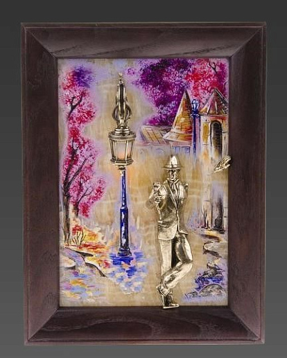 Бронзовая картина "Парень с розой. Весна" с подсветкой