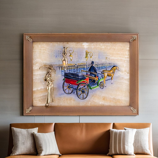 Бронзовая картина "Связь времён. Девушка с зонтиком" с росписью и подсветкой