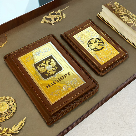 Набор "Обложка для паспорта, визитница кожа". Златоуст