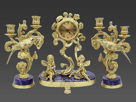 Каминный набор из бронзы и чароита "Колибри"