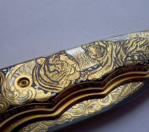 Нож складной дамасский "Два тигра" купить с доставкой Нож складной дамасский "Два тигра"