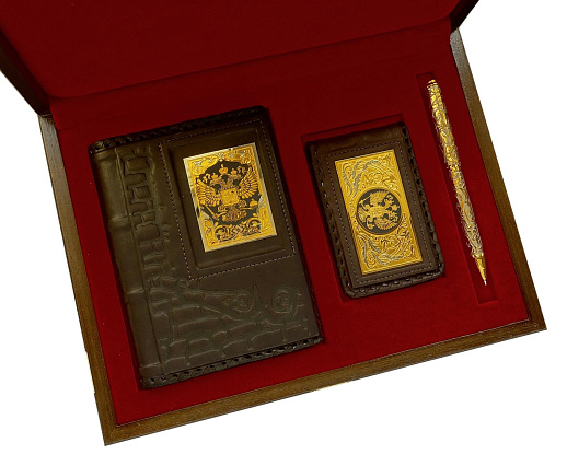 Набор "Ежедневник, визитница кожаная, ручка". Златоуст