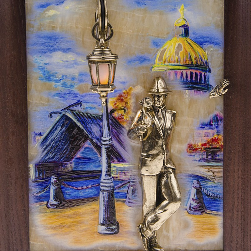 Бронзовая картина "Парень с розой. Набережная. Мост" с подсветкой