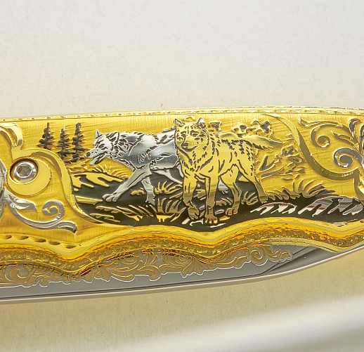 Нож складной золотой "Пара волков"
