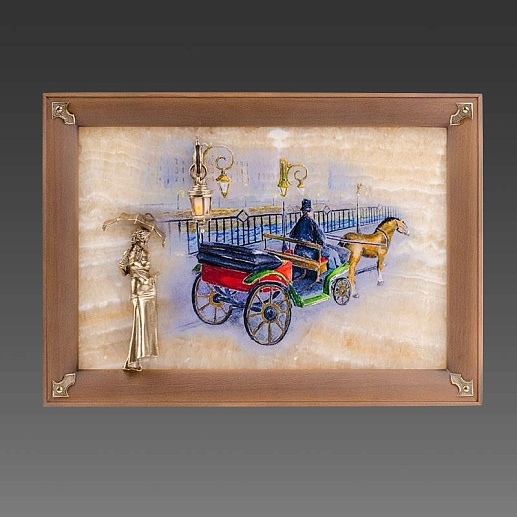 Бронзовая картина "Связь времён. Девушка с зонтиком" с росписью и подсветкой