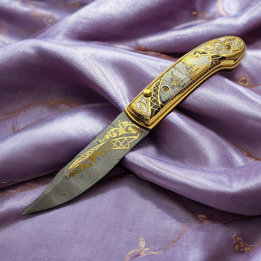 Нож складной дамасский "Зимняя рыбалка" купить с доставкой Нож складной дамасский "Зимняя рыбалка"