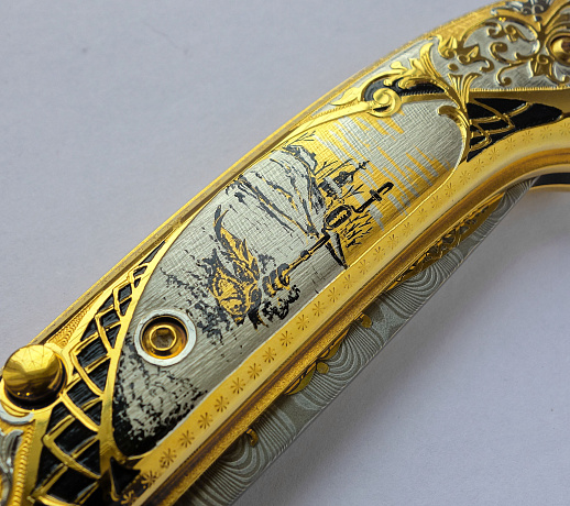 Нож складной дамасский "Зимняя рыбалка" купить с доставкой Нож складной дамасский "Зимняя рыбалка"