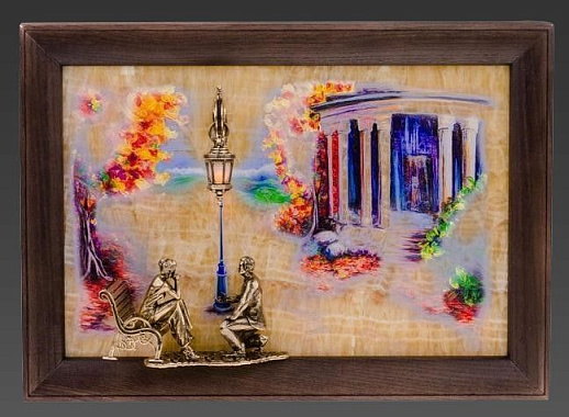 Бронзовая картина "Предложение. Пятигорск. Старый ресторан Провал" с подсветкой