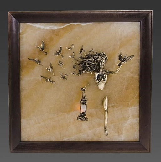 Бронзовая ключница настенная "Птицы" с подсветкой