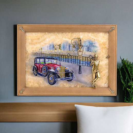 Бронзовая картина "Связь времён. Парень с розой" с росписью и подсветкой