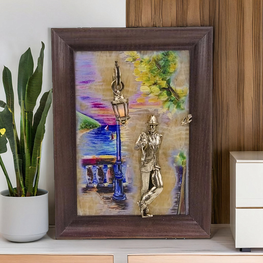 Бронзовая картина "Парень с розой. Набережная. Парусники" с подсветкой