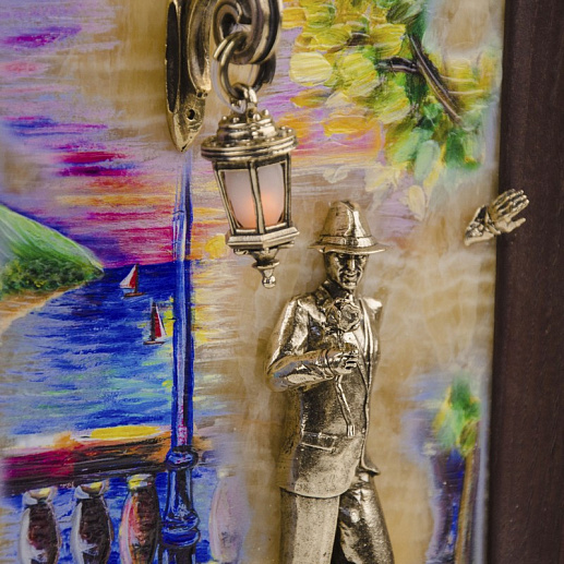 Бронзовая картина "Парень с розой. Набережная. Парусники" с подсветкой