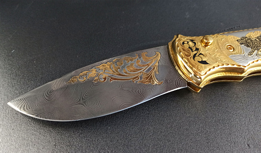 Нож складной "Собаки". Дамасский