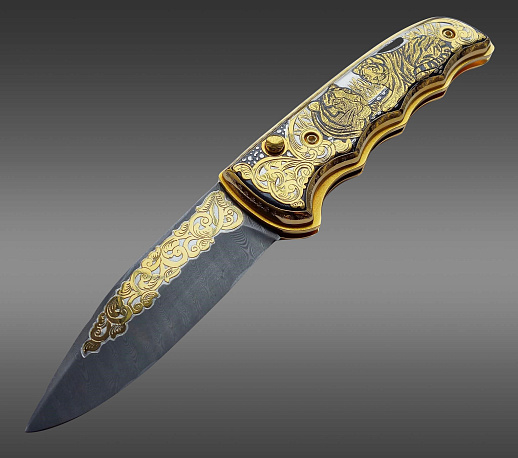 Нож складной дамасский "Два тигра" купить с доставкой Нож складной дамасский "Два тигра"