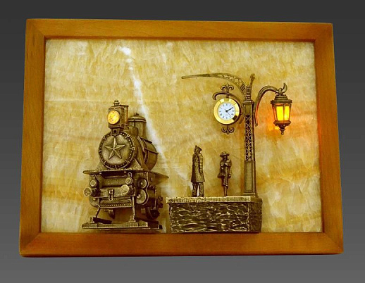 Бронзовая картина из оникса "Поезд" с подсветкой