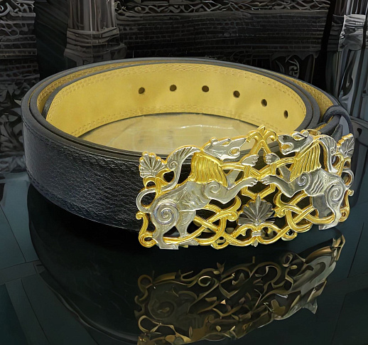 Ремень из натуральной кожи "Хищники''. Позолота