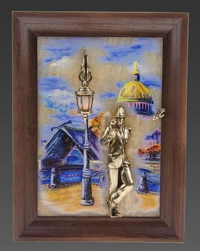 Бронзовая картина "Парень с розой. Набережная. Мост" с подсветкой