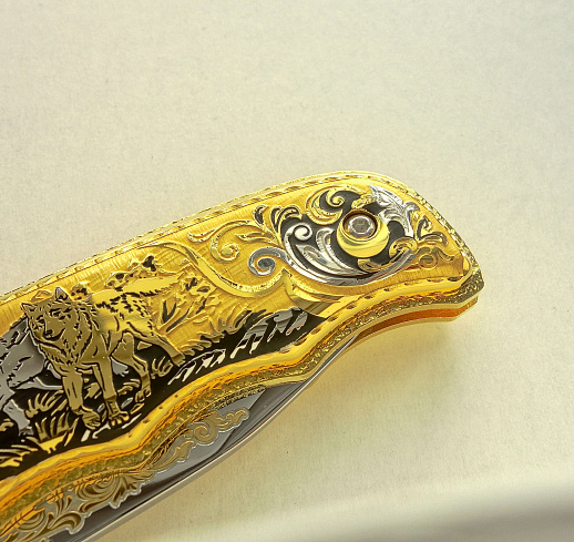 Нож складной золотой "Пара волков"