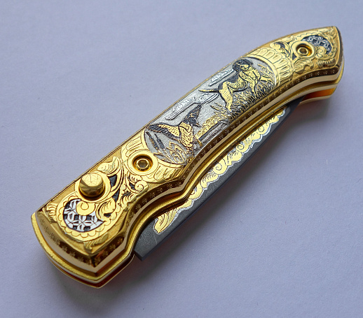 Нож складной дамасский "На уток".  Златоуст