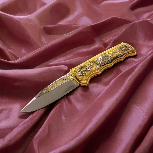 Нож складной золотой "Пара волков"