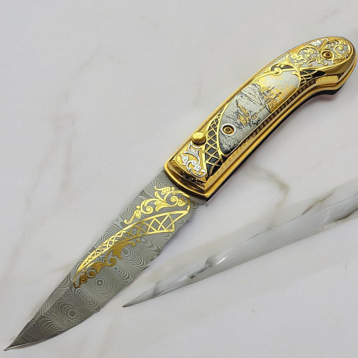 Нож складной дамасский "Зимняя рыбалка" купить с доставкой Нож складной дамасский "Зимняя рыбалка"