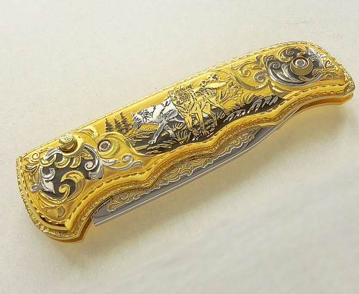 Нож складной золотой "Пара волков"