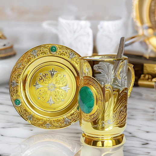 Подарочная чайная пара "Малахит". Златоуст купить с доставкой Подарочная чайная пара "Малахит". Златоуст