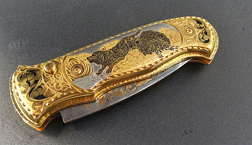 Нож складной "Собаки". Дамасский