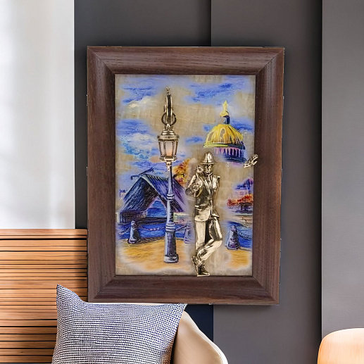 Бронзовая картина "Парень с розой. Набережная. Мост" с подсветкой