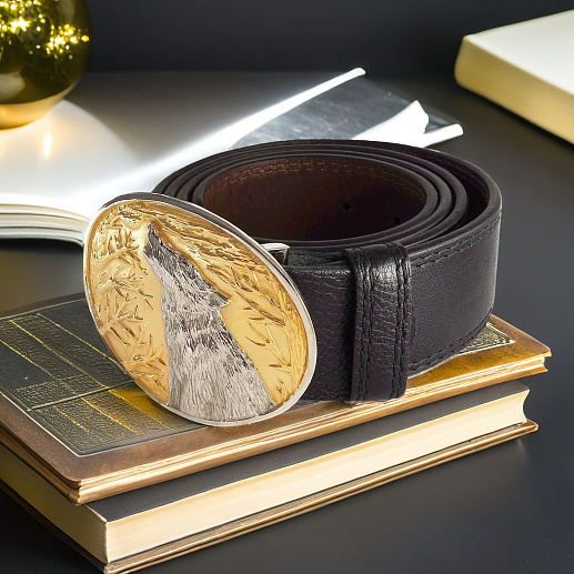 Кожаный мужской ремень "Волк" №2. Позолота