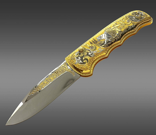 Нож складной золотой "Пара волков"