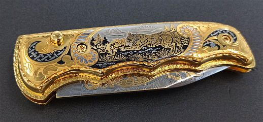 Нож складной "Охота на зайца" Дамасский